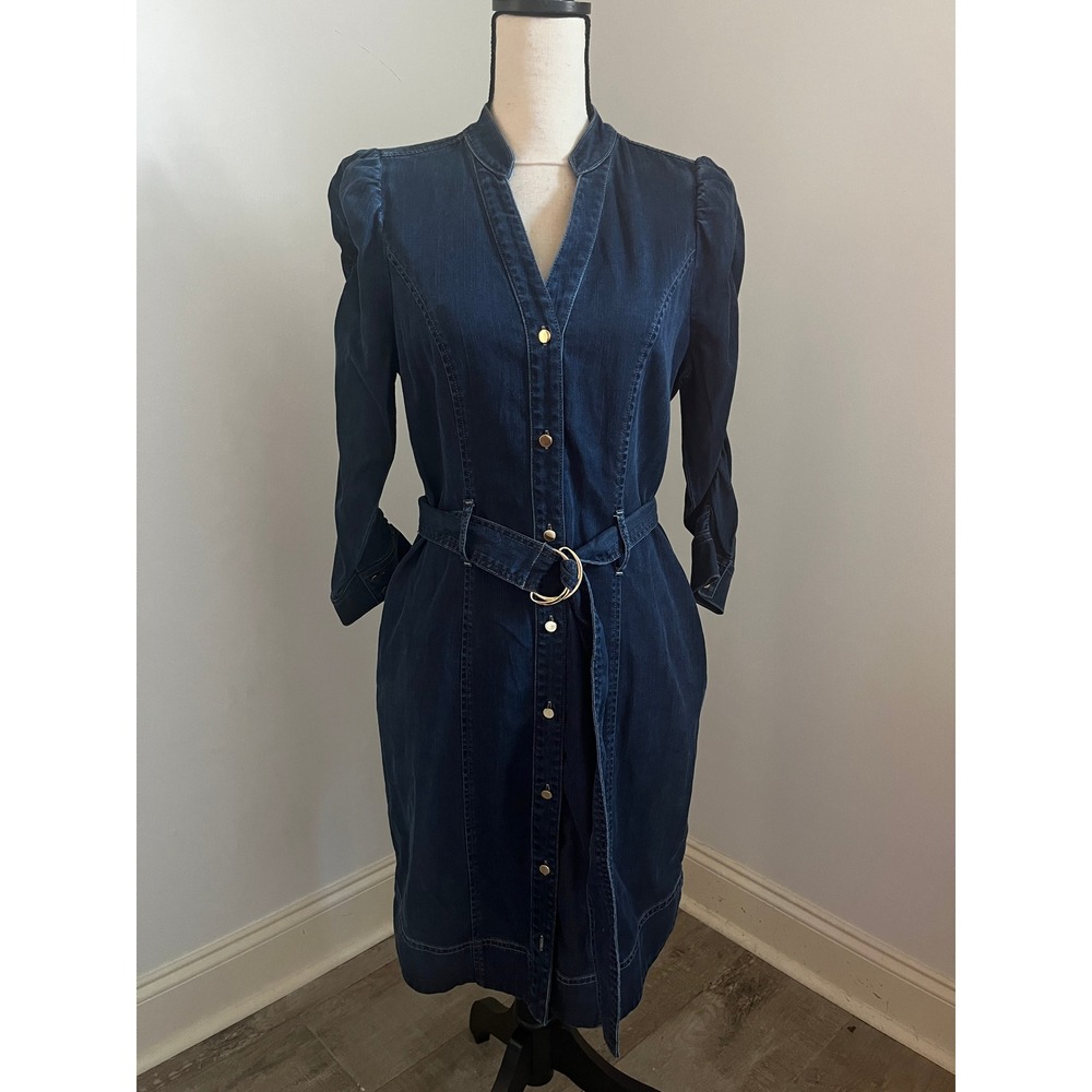 WHBM Denim Dress size 8P Blue Classic Modern Office Chic Minimalist Fall Utility
